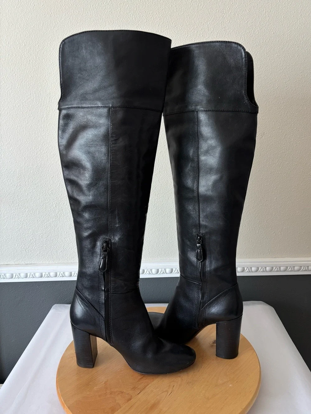 Tory Burch Bowie Black Over-the-Knee Italian Leather Block-Heel Boots Size 8